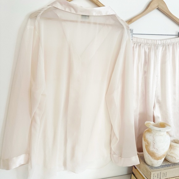 Vintage Dentelle Size Large Pale Pink Silky Satin Chiffon Pajama Set Lingerie - Picture 14 of 14